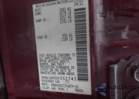 2012 Nissan Altima 2.5 S из США, поврежденный, VIN 1N4AL2AP2CN552745